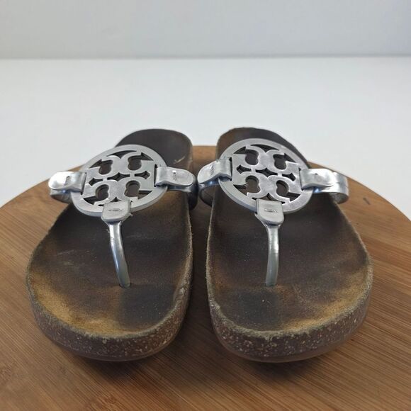 Tory Burch Miller Cloud Leather Metalic Silver Logo Sandals Sz 8 M - Picture 2 of 10